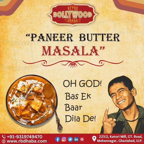 Get Ready for a Flavorful Premiere: Try Our Paneer Butter Masala at Retro Bollywood Dhaba Why wait? Try Now !! Call or Whatsapp us at +91 9319749470 and ORDER NOW ! Visit our website now https://rbdhaba.com/ to explore more!! Hungry? Zomato it! #RetroBollywoodDhaba #PaneerButterMasala #IndianFood #Foodie #FoodPhotography #Yummy #Foodgasm #FoodLovers #DhabaVibes #Delicious #Foodstagram #Foodgram #FoodHeaven #FoodieLife #InstaFood #BollywoodVibes #IndianCuisine #DineInStyle Meme Food Creative Ads, Restaurant Social Media Ideas, Momo Food, Restaurant Memes, Paneer Butter Masala, Coffee Advertising, Butter Masala, Catering Design, Food Photography Tutorial