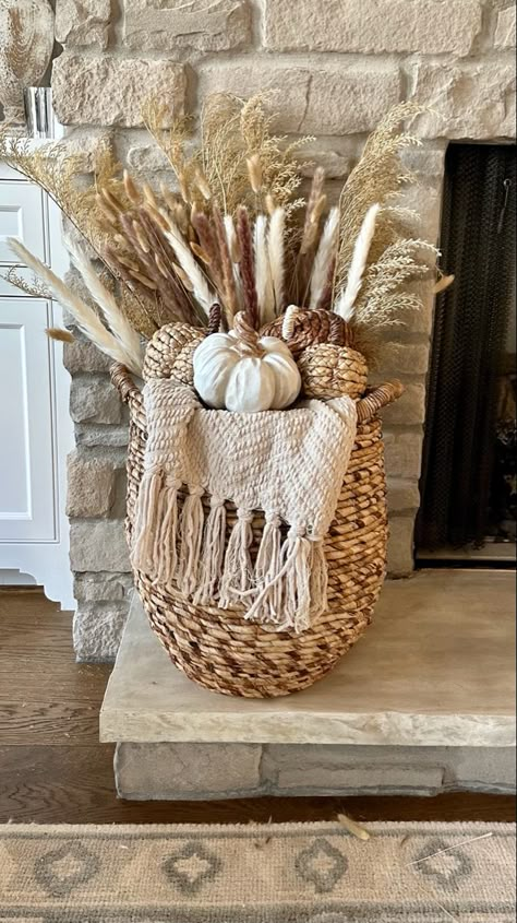 Basket Fireplace Decor, Wicker Basket Decor Ideas, Wicker Basket Decor, Basket Decor Ideas, Fall Basket, Fall Fireplace, Easy Fall Decor, Basket Decor, Fall Decor Inspiration