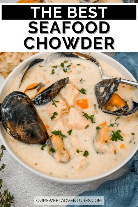 The best Irish seafood chowder recipe for ultimate bowl of comfort food. It is full salmon, cod, smoked salmon, and mussels with hearty vegetables for a perfect bite of the Irish coast. It is super easy and quick to make. Ready within 30 minutes! #Recipe #Seafood #Chowder | Soup | Comfort Food | Easy Recipes | 30 Minute Meals | St. Patrick's Day Recipes | Smoked Salmon | Mussels | Irish Seafood Chowder Recipe Ireland, Nova Scotia Seafood Chowder, Mussels Soup Recipe, Seafood Chowder Recipe Easy, Instant Pot Seafood Chowder, Pescatarian Soup Recipes, Seafood Chowder Recipe Best, Soup Recipes Seafood, Seafood Chowder Recipe Creamy