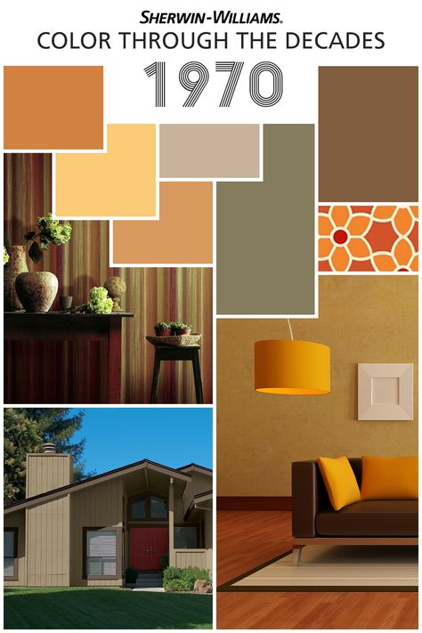 We’re celebrating our 150th Anniversary with a look back at color palettes through the years, including this groovy decade, the 1970s. As the “Earth Movement” begins in earnest, earth tones dominate the era. Rusts, golds, browns and mustard yellows show up in fabrics, on walls and in appliances. Looking to add a ’70s vibe to your pad? Try Amber Wave SW 6657, Bakelite Gold SW 6368, Jute Brown SW 6096 and Avocado SW 2861. 1970s Paint Colors, 70s Paint Colors, 1970s Color Palette, 70s Home Decor 1970s Interior Design, Retro Color Palette 1970s, 70s Color Palette, 1970s Colors, 1970s Interior Design, Orange Paint Colors