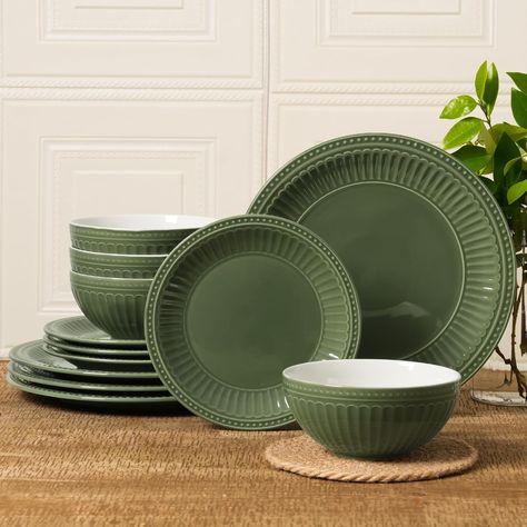 PRICES MAY VARY. [Dinnerware Sets for 4]: Includes (4) 10.5-inch dinner plates, (4) 8-inch salad/appetizer plates, and (4) 6-inch 22oz bowls. This 12-piece dinnerware set is the perfect size to serve a variety of dishes and is a great addition to a kitchen collection [Aesthetic Design]: This dining set is a blend of classic and modern. The unique discoloured glaze gives it a fresh and natural look. The relief design is fantastic, and every detail exudes an artistic atmosphere [Hard & Sturdy]: Ou Dark Green Kitchen Accessories, Pink And Green Kitchen Decor, Cute Dishware, Cottagecore Dishes, Dish Sets Dinnerware, Colored Kitchen, Green Kitchen Accessories, Dark Green Kitchen, Salad Appetizer