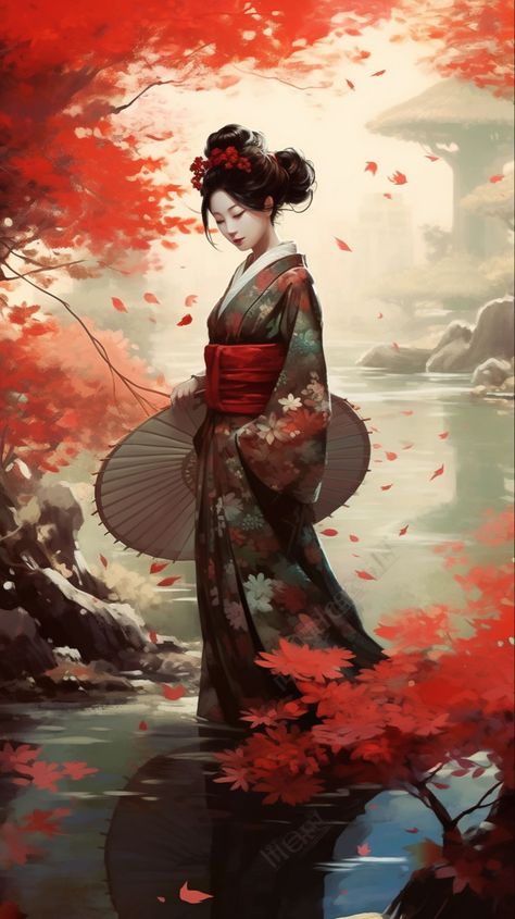 A enchanting digital art illustration which transports you to a tranquil oasis where nature’s wonders harmonize with the grace of a geisha. Japanese Warriors, Painting Female, Awesome Drawings, Chinese Landscape Painting, Chicano Art Tattoos, Geisha Art, Japanese Warrior, Asian Painting, Chinese Landscape