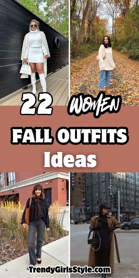 Pinterest image collage showcasing 4 trendy fall outfits for women with text "22 WOMEN FALL OUTFITS Ideas" in bold white letters on a dusty rose background. Features a monochromatic white sweater dress outfit with knee-high boots, a cream cable knit sweater with jeans and UGG boots, a classic black sweater with leopard scarf, and a brown coat with black dress ensemble. Each look demonstrates different approaches to fall layering and seasonal styling. Effortless Style Fall, Women Fall Outfits, Fall Outfits Ideas, Oversized Coats, Leopard Print Coat, Layered Tulle Skirt, Chunky Knits, Autumn Wardrobe, Knit Sweaters