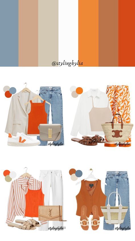 Bright Orange Outfit Color Combos, Cream And Orange Outfit, Orange Outfit Ideas Casual, Bright Spring Outfit Ideas, Bright Colors Outfit Ideas, Orange Color Outfit, Orange And White Outfits, Bright Orange Outfit, Blue And Orange Outfit