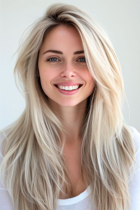 Opt for pure elegance with this platinum blonde layered mane. The color graces long, luxurious layers that fall effortlessly, creating a look that's both chic and timeless. Click here to see more stunning layered haircuts for long hair. Long Hair Side Part Haircut, Best Long Haircuts For Fine Hair, Layered Blonde Hair Long, Long Layers For Fine Hair, Long Blonde Hairstyles With Layers, Dramatic Layers Long Hair, Blonde Long Hair With Layers, Long Blonde Haircuts, Long Layered Blonde Hair