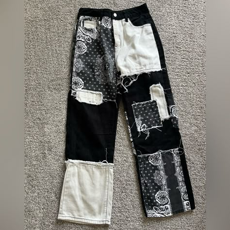 Brand: Shein Size: Medium Color: Black And White Details: Never Worn, Patched Pattern Punk Painted Clothes, Pants With Writing On Them, Bleach Dye Pants, Patchy Pants, Half And Half Pants, Custom Black Jeans, Reworked Clothes Diy Ideas, Patches On Pants, Personalized Jeans