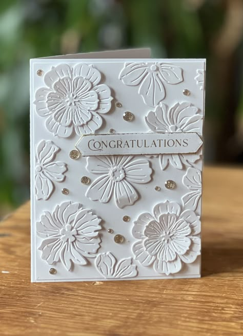 #Spellbinders  made with a variety of Spellbinders dies. White on white with champagne gems. Bridal Shower Card Ideas Diy, Spellbinders Blooms, Chloes Creative Cards, Spellbinders Dies, Classic Flower, White Cards, Wedding Cards Handmade, Congrats Card, Spellbinders Cards