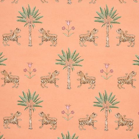 Tiger Palm - Crimson On Peach Wallcoverings | Schumacher Pink And Orange Western Wallpaper, Pink Tiger Wallpaper, Schumacher Pink Wallpaper, Schumacher Indian Arbre, Tiger Palm, Pink And Orange Tiger Wallpaper, Wallcovering Pattern, Peach Wallpaper, Schumacher Wallpaper