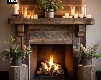 Wood Beam Fireplace, Beam Fireplace, Reclaimed Wood Beams, Wood Mantle, Wooden Corbels, Fireplace Mantle Decor, Wood Beam, Farmhouse Fireplace, Rustic Fireplaces