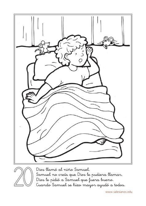 20      Dios llamó al niño Samuel.      Samuel no creía que Dios le pudiera… Samuel Bible Story, Samuel Bible, Bible Coloring Sheets, School Kids Activities, Bible Crafts Sunday School, Jesus Coloring Pages, Sunday School Kids, Bible Printables, Story Activities