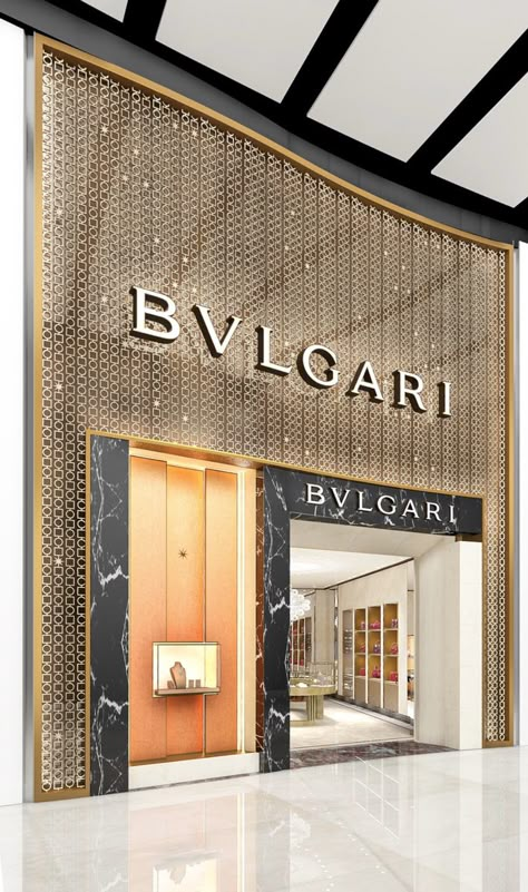 Bvlgari Store Interior Design, Small Shop Facade Design, Luxury Store Facade, Jewelry Store Interior, Retail Facade, Jaali Design, Retail Architecture, Shop Facade, Jewelry Store Design