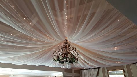 Full ceiling drape wows Draping Fabric From Ceiling Wedding, Ceiling Drapery Bedroom, Drape Ceiling, Ceiling Draping Wedding, Canopy Drapes, Bookshelf Garden, Draped Ceiling, Drape Ideas, Ceiling Fabric