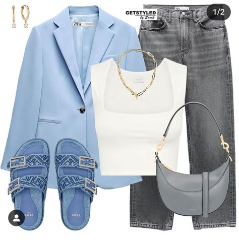 Linen Blazer Outfit, Blue Linen Blazer, Blazer Styling, Outfit Printemps, Coat Styling, New Look Ideas, Outfits Lookbook, Looks Jeans, Gown Party Wear