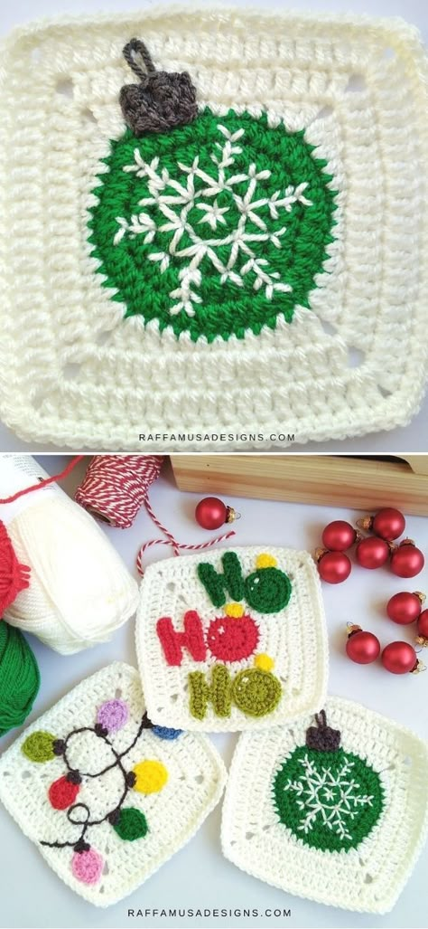 Colorful Fun Crochet Squares Patterns. Don't we all love Christmas baubles? They come in all shaped and designs, so you can turn your home into a winter wonderland with them! I think that incorporating baubles into crochet squares is a marvelous idea that will take your winter blankets to the next level. Make sure to check out these granny squares with baubles, Christmas lights and festive lines by Raffaella Tassoni #freecrochetpattern #afghan #square Christmas Granny Squares Free, Christmas Wreath Granny Square, Winter Granny Square Pattern, Crochet Peppermint Granny Square, Crochet Grinch Granny Square, Xmas Granny Square, Crochet Holly Granny Square, Seasonal Granny Squares, Crochet Christmas Squares Pattern Free