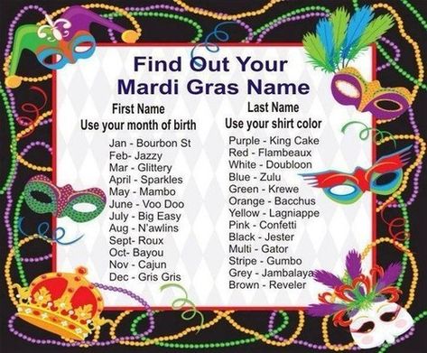 Got to remember this for our nest party!  What's Your Mardi Gras Name? - Lmfao Mine is sparkles confetti! Madi Gras, Mardi Gras Crafts, Mardi Gra, Mardi Gras Food, Mardi Gras Decorations, Mardi Gras Party, King Cake, Fat Tuesday, Party Food