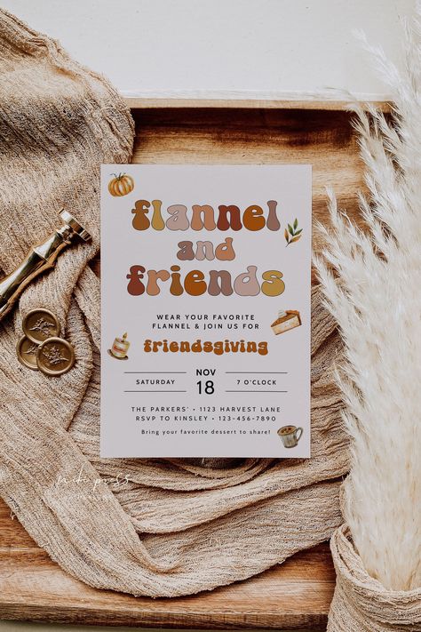 "Flannel & Friends Friendsgiving Invitation Template - With this template, you can edit all background colors, font colors, fonts, font sizes, and text! Note: This is an EDITABLE TEMPLATE. No physical product will be shipped to you. 🧡 MORE THANKSGIVING INVITES: https://etsy.me/474PxtB 🧡 TRY BEFORE YOU BUY: https://www.corjl.com/d/NE79  WHAT YOU WILL RECEIVE  DIY editable invitation template in the following size: * 5x7\"  HOW TO ORDER  ① Purchase your template ② A message from Corjl.com will b Thanksgiving Housewarming Party, Friendsgiving Christmas Party Ideas, Friendsgiving Theme Ideas Party, Friends Giving Party Ideas Decor, Friendsgiving Baby Shower Ideas, Relief Society Friendsgiving, Friends Giving Decoration Ideas, Friendsgiving Birthday Party, Small Friendsgiving Ideas