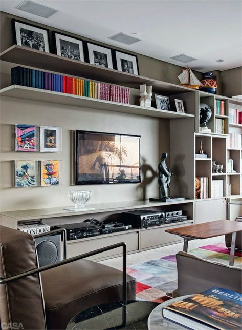 Book Shelf Ideas Living Room, Tv A Muro, Tv Wall Decor Ideas, Tv Wall Decor, Wall Bookshelves, Tv Wall Design, Room Shelves, Living Room Shelves, Trendy Living Rooms