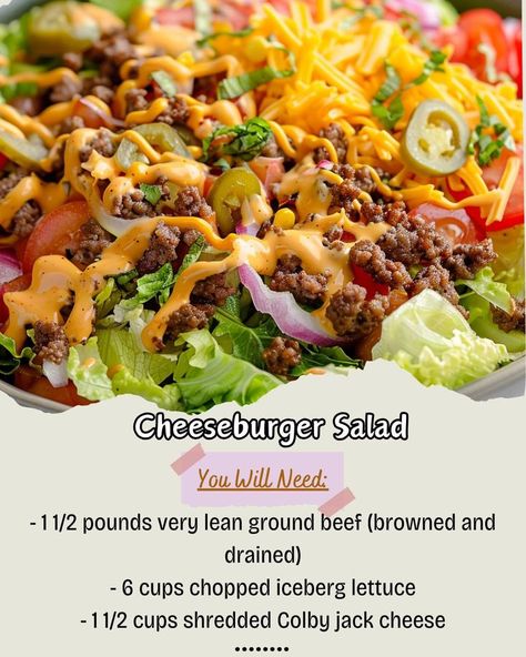 Experience classic flavors of cheeseburger in fresh salad form. Combine lean ground beef, crisp lettuce, tangy cheese\nIngredients: \nLean ground beef, Crisp lettuce, Tangy cheese\nInstructions: \nCombine lean ground beef, crisp lettuce, tangy cheese. \nServe and enjoy!\n#CheeseburgerSalad #BurgerLover #SaladRecipe Colby Jack Cheese, Fresh Salad, Iceberg Lettuce, Recipe Boards, Fresh Salads, Cheeseburger, Ground Beef, Lettuce, Salad Recipes