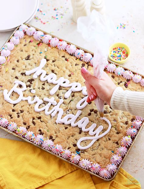 Brown Butter Cookie Cake, Sheet Pan Cookie Cake, Cookie Cake Decorating Ideas, Sugar Cookie Cake Recipe, Vanilla Buttercream Recipe, Cookie Cake Designs, Sugar Cookie Cakes, Birthday Morning, Pan Cookies