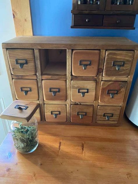 Diy Tea Cabinet, Apothecary Cabinet Storage, Portable Apothecary Cabinet, Diy Apothecary Drawers, Apothecary Wall Cabinet, Diy Tea Organizer, Home Apothecary Room, Cottagecore Storage, Diy Apothecary Cabinet