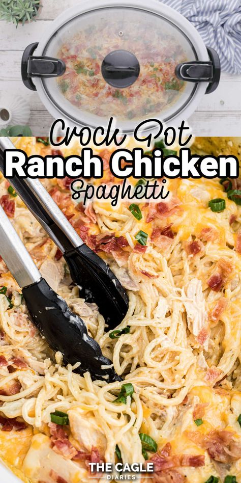 Ranch Chicken Spaghetti, Chicken Spaghetti Recipe Crockpot, Crock Pot Ranch Chicken, Crockpot Rotisserie Chicken, Ranch Chicken Crockpot, Easy Chicken Spaghetti, Crockpot Chicken Spaghetti, Chicken Spaghetti Recipe, Cheesy Chicken Spaghetti