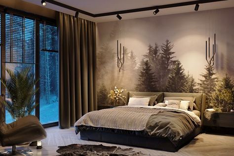 Forest Inspired Home Decor, Rustic Green Bedroom, Small Bedroom Loft, Woodland Bedroom Adult, Dark Rustic Bedroom, Woods Bedroom, Modern Cabin Bedroom, Forest Wallpaper Bedroom, Tree House Bed