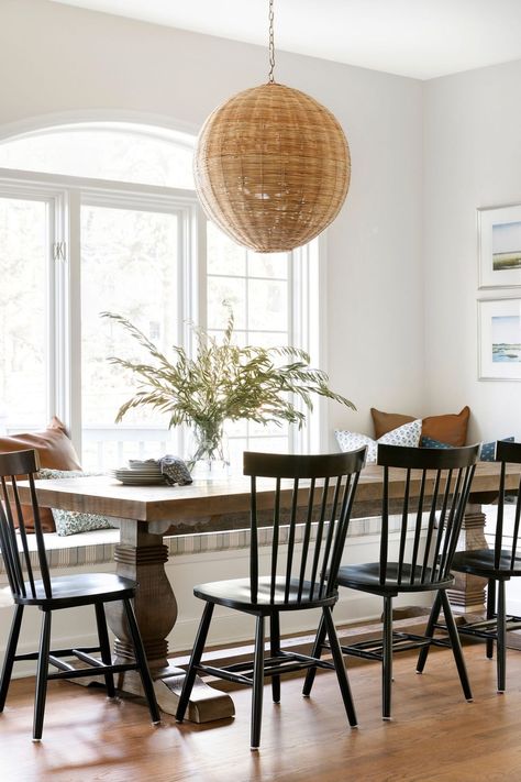 Nob Hill House | Bria Hammel Interiors Contrast Dining Table And Chairs, Classic Modern Rustic Dining Room, Bria Hammel Interiors, Bria Hammel, Dining Room Bench Seating, Cottage Dining Rooms, Reclaimed Wood Dining Table, Kitchen Nook, Dining Nook