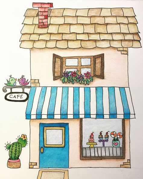 Cafe Drawing Easy, Aesthetic Cafe Drawing, Cafe Drawing Aesthetic, Cute Cafe Drawing, Cafe Illustration Art, Coffee Shop Watercolor, Cafe Drawings, Cafe Drawing, Cafe Sketch