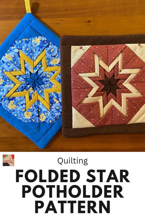 Create a stunning folded star potholder that's both beautiful and functional. Potholders To Sew Free Pattern Simple, Quilted Potholder Patterns Free, Folded Star Quilt Pattern, Scrappy Potholders, Potholder Patterns Free Sewing, Folded Star Pattern Tutorials, Folded Star Pattern, Star Potholder Pattern, Making Pot Holders