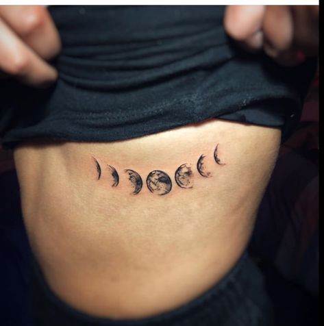 moon phases tattoo Text Tattoo Ribs Women, Phases Of The Moon Tattoo Back, Moon Phases Tattoo Side Rib, Moon Phase Knee Tattoo, Moon Tattoo On Side Rib, Moon Phases Rib Tattoo, Moon Phases Tattoo Ribs, Moon Phase Rib Tattoo, Stages Of The Moon Tattoo