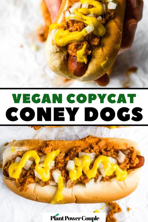 Are you seeking a delicious and healthy vegan alternative to traditional meat dogs? Look no further! Our Vegan Coney Dog Recipe features easy-to-follow instructions, using TVP, for an amazing meatless twist on your classic carrot dogs. With a mustard chili twist, these plant-based dogs promise an explosion of mouth-watering flavor and nutrients. Perfect as a snack or main meal, these vegetarian chili dogs are a delight for the whole family. Don't miss out - save this recipe to make it later! Baked Hot Dogs, Vegan Hot Dog, Carrot Dogs, Hot Dog Toppings, Vegan Chili, Hot Dog Recipes, Vegan Sausage, Vegetarian Chili, Dog Recipes