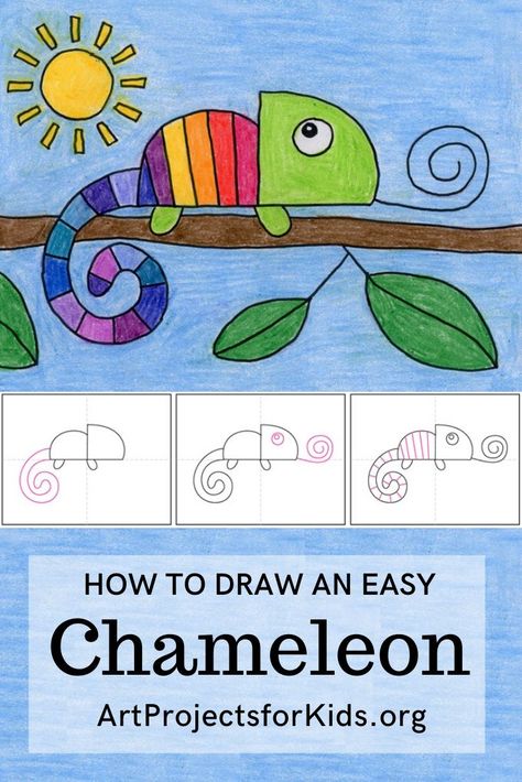 Learn how to draw a Chameleon with this fun and easy art project for kids. Simple step by step tutorial available. #howtodraw #artprojectsforkids #directdraw #chameleon A Color Of His Own Art Project, Directed Drawing Back To School, Crayon Art Projects For Elementary, How To Draw A Rainforest, Spring Directed Drawing For Kids, Art Projects For 1st Graders, Kindergarten Guided Drawing, Art For First Graders 1st Grades, Cameleon Art Drawing