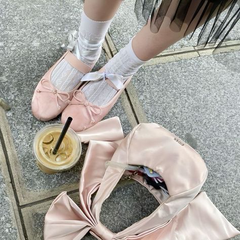 pink ballet flats - white lace socks - pink handbag