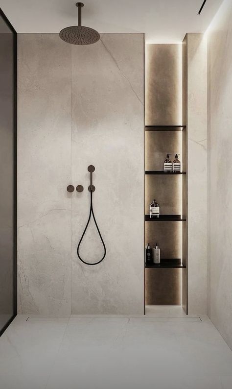 Shower Wall Shelves, Bathroom Japandi Design, Microcement Shower Room, Toilet Wall Design, Rainshower Bathroom Ideas, Large Tile Shower Ideas, Small Modern Bathroom, Japandi Bathroom Design, Bathroom Planning