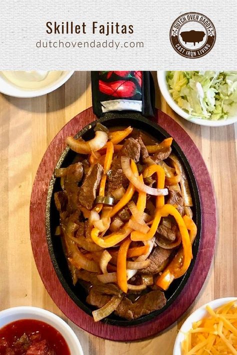 Skillet Fajitas are a great inspired tex-mex meal. Camp Oven Recipes, Skillet Fajitas, Easy Cast Iron Recipes, Cajun Food, Iron Recipes, Iron Skillet Recipes, Cast Iron Skillet Recipes, Dutch Oven Recipes, Cast Iron Recipes