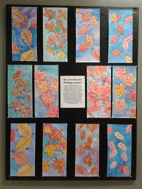 Grade 4-6 students made these lovely falling leaves watercolour paintings using liquid watercolours. I was inspired by THIS post on ... Grade 5 Fall Art, Fall Art Projects 5th Grade, Fourth Grade Fall Art Projects, Grade 4 Fall Art, Fall Art Upper Elementary, Fall Art Second Grade, Fall Art Grade 2, Fall Art Grade 1, Fall Art Elementary