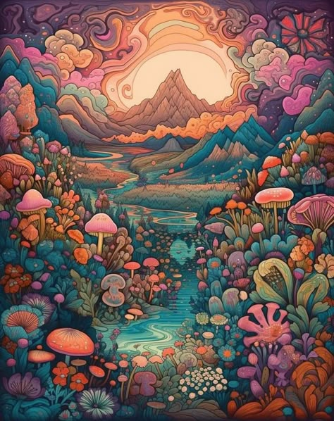 Trippy Mushroom Painting Aesthetic, Shroom Trip Art, Mushroom Trippy Background, Mushroom Psychedelique, Mushroom Psychedelique Art, Mythical Creature Art, Poster Color Painting, Colorful Mushroom Art Trippy, Whimsical Art Journal