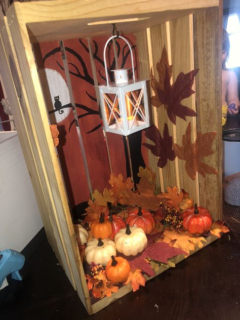 Wooden milk crate Fall Decoration Wood Crate Fall Decor Ideas, Fall Wood Crate Ideas, Wooden Crate Fall Decor Ideas, Fall Crate Ideas, Halloween Wooden Crate Ideas, Halloween Crate Ideas, Wooden Crates Ideas, Fall Crate Decor, Fall Porch Decor With Crates