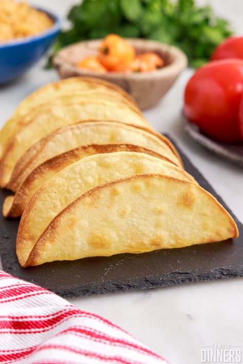 Taco In Air Fryer, Tortilla Shells In Air Fryer, Air Fryer Chalupa Shells, Air Fryer Tacos Corn Tortillas, Taco Shells In Air Fryer, Tacos Shells, Homemade Taco Shells, Baked Taco Shells, Cheese Taco Shells