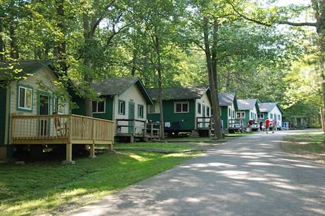 Owego Cabin Exterior Summer Camp Cabins, Campground Cabins, Summer Camp Cabin, Rainy River, Summer Camp Aesthetic, Camp America, Camp Aesthetic, River Resort, Camping Books