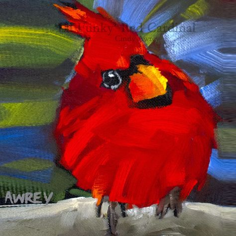 This bright red cardinal is created with large loose brush strokes in a whimsical portrayal and posture. He is highlighted with a green and blue background as he's perched on a sturdy branch.   Lake Effect Gallery has created this giclee reproduction on watercolor paper from the original oil painting. Our customers gro Whimsical Cardinal Art, Red Bird Painting, Guided Painting, Bird Rocks, Paint Birds, Cardinal Birds Art, Cardinal Art, Palette Painting, Bird Painting Acrylic