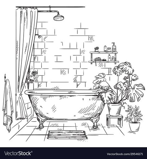 Bathtub Perspective Drawing, Bathroom Sketch Drawing, Shower Sketch, Bathtub Drawing, Bathroom Drawings, Bathroom Sketch, Plant Bathroom, Interior Design Vector, Bathroom Illustration