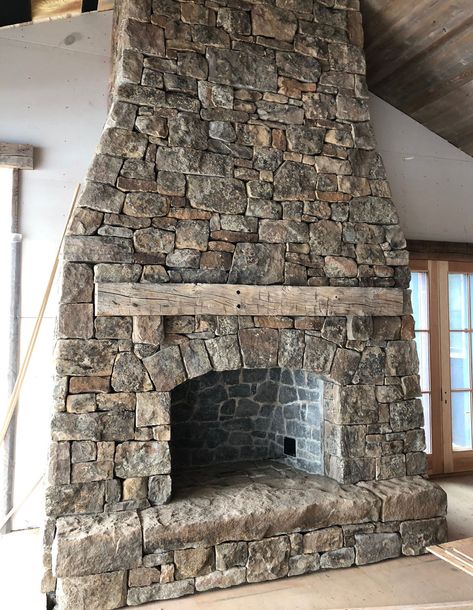 Rough Stone Fireplace, Stone Cabin Fireplace, Rock Gas Fireplace, Large Rustic Fireplace, Stone Fireplace Rustic, Natural Stone Fireplaces Rustic, Rounded Stone Fireplace, Tapered Stone Fireplace, Interior Wood Burning Fireplace