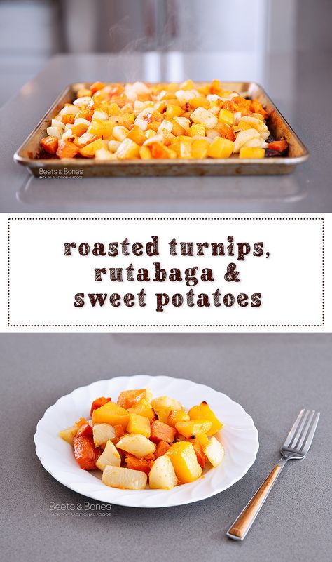 Roasted Turnips, Rutabaga and Sweet Potatoes | Beets & Bones Blog Rutabaga And Sweet Potato Recipes, Turnip And Sweet Potato Recipes, Roasted Rutabaga, Roasted Turnips, Root Vegetables Recipes, Veggie Box, Veggie Ideas, Canning Sweet Potatoes, Root Vegetable