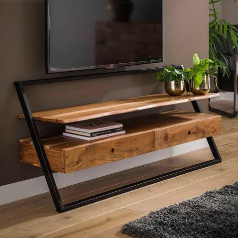 Metal Tv Stand, Wood Tv Unit, Steel Furniture Design, Wooden Tv Cabinet, Wooden Tv, Loft Stil, Solid Wood Tv Stand, Metal Furniture Design, Tv Stand Wood