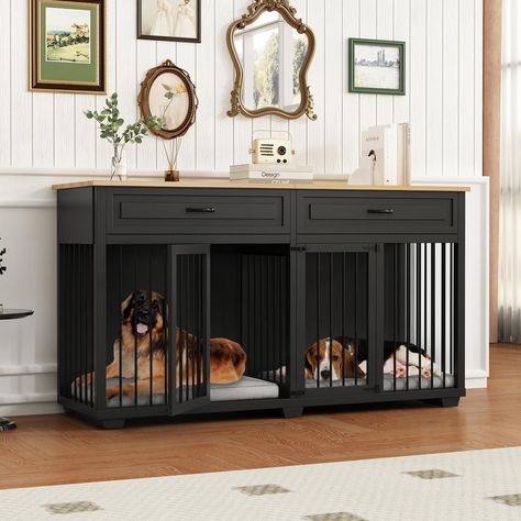 DAWNSPACES Large Dog Crate Furniture, 72" Wooden Large Dog Kennel with Drawers & Divider, Heavy Duty Indoor Dog Cage with Double Rooms for Large Medium Small Dogs, Black Large Dog Crate Furniture, Extra Large Dog Crate, Double Dog Crate, Small Dog Crate, Furniture Style Dog Crate, Heavy Duty Dog Crate, Wooden Dog Kennels, Wooden Dog Crate, Wooden Dog House