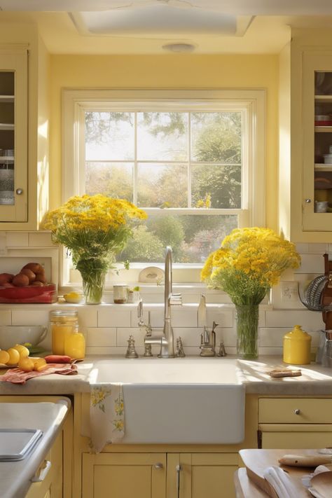 Sunny kitchen with a farmhouse sink, yellow cabinets, and large bouquets of yellow flowers by the window. Yellow Kitchen White Cabinets, Yellow Kitchen Paint Colors, Yellow Walls Kitchen, Yellow Cabinets Kitchen, Small Yellow Kitchen, Light Yellow Kitchen, Bold Kitchen Colors, Kitchen Color Combinations Ideas, Yellow And Green Kitchen