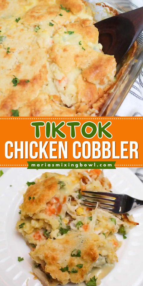 A must-try weeknight dinner recipe! It's a delicious home-cooked meal featuring a savory cobbler. Loaded with vegetables and a biscuit topping, this TikTok Chicken Cobbler is wonderfully hearty! Fast Easy Dinner For Family Chicken, Dinner Ideas With Chicken Easy, Viral Chicken Cobbler Recipe, Chicken Crumble Recipe, Chicken Tik Tok Recipes, Chicken Dump Casserole Recipes, Chicken Cornbread Casserole Easy, Bisquick Recipes With Chicken, Easy Chicken Cobbler Casserole