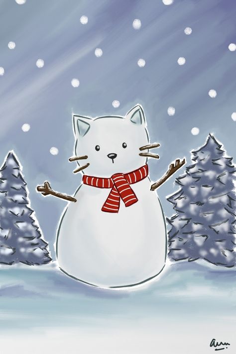 Snowman Sketch, Snowman Drawings, Christmas Cats Drawing Cute, Snowman Cat, Cat In Snow Drawing, Snowman Dog Painting, Cat In Christmas Tree Drawing, Cat In The Snow Drawing, Cat Snowman