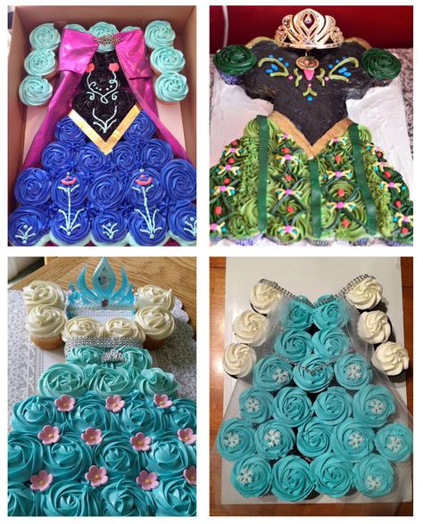 A complete Frozen wardrobe of princess dress cupcake cakes Princess Cake With Cupcakes, Elsa Cupcake Cake, Frozen Cupcake Ideas, Frozen Themed Cupcakes, Frozen Cupcakes Birthday, Princess Cupcakes Ideas, Princess Dress Cupcakes, Frozen Birthday Cupcakes, Frozen Cake Ideas